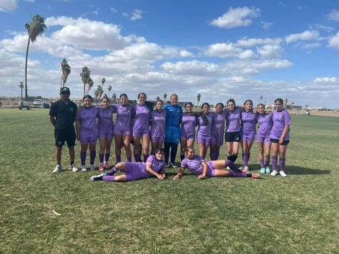 Youth soccer team in purple jerseys posing on a grass field with palm trees and blue sky in the background