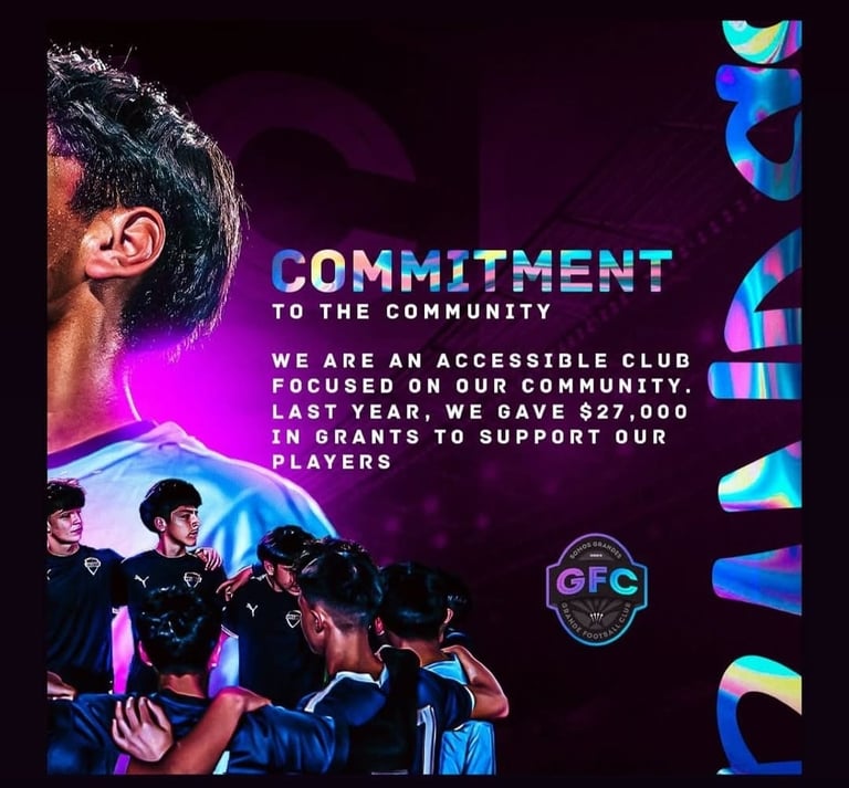 Esports team promotional poster showing players in gaming gear with text about community commitment and $27,000 in grants given to players