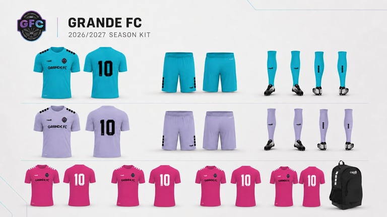 Grande FC 2026/2027 season kit showing turquoise, purple, and pink jerseys, shorts, socks, and backpack uniform set