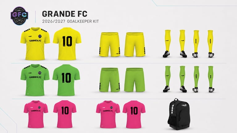 Grande FC 2026-2027 goalkeeper kit showing yellow, green, and pink jersey and shorts sets with matching socks and black backpack