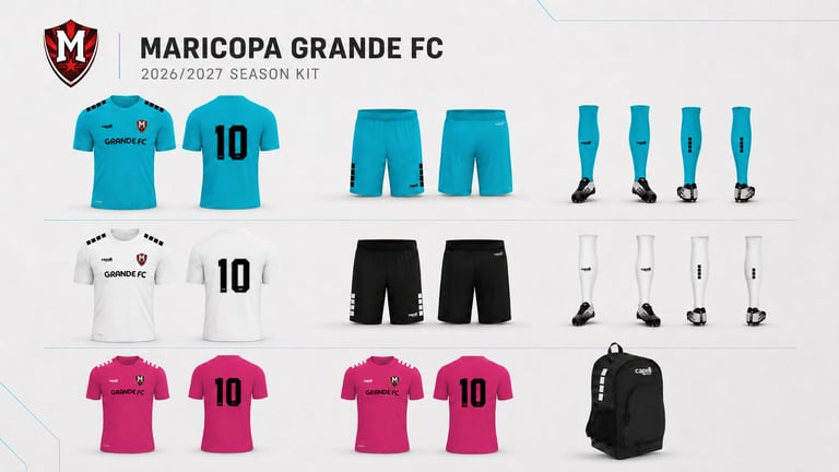 Maricopa Grande FC 2026/2027 season kit featuring turquoise, white, and pink jerseys, shorts, socks, and black backpack