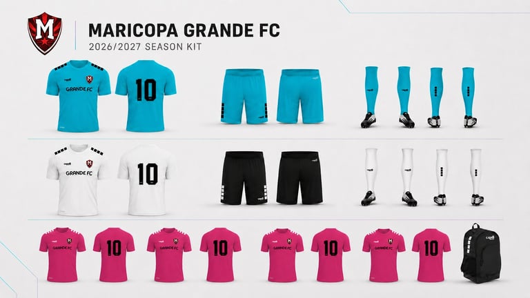 Maricopa Grande FC 2026/2027 season kit collection showing turquoise, white, and pink jerseys with matching shorts, socks, and a backpack