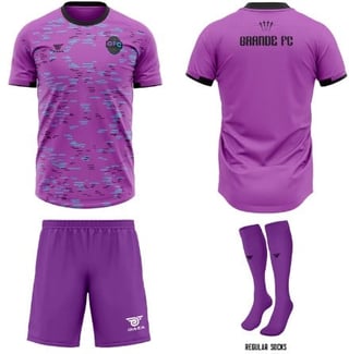 Purple soccer/football uniform set displaying front and back jersey, matching shorts, and socks with team branding