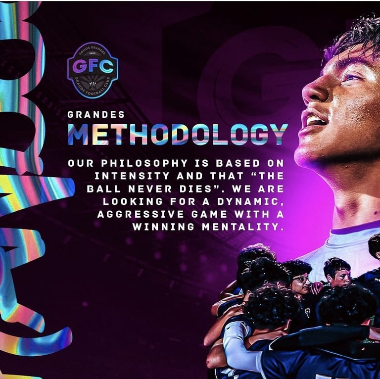 GFC Grandes football club methodology graphic with neon colors showing philosophy of intensity and aggressive winning mentality