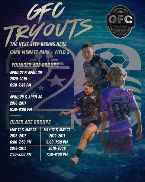 GFC Tryouts flyer showing soccer tryout dates and times for younger and older age groups