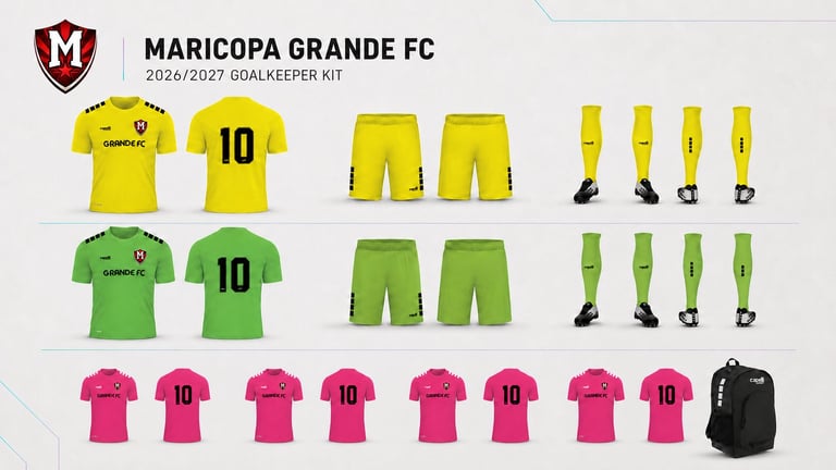 Maricopa Grande FC 2026/2027 goalkeeper kit displaying yellow, green, and pink jersey and shorts combinations with numbered options