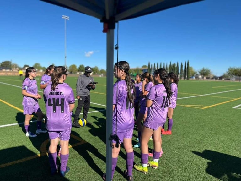 Youth soccer team in purple uniforms gathered under shade structure on sunny field