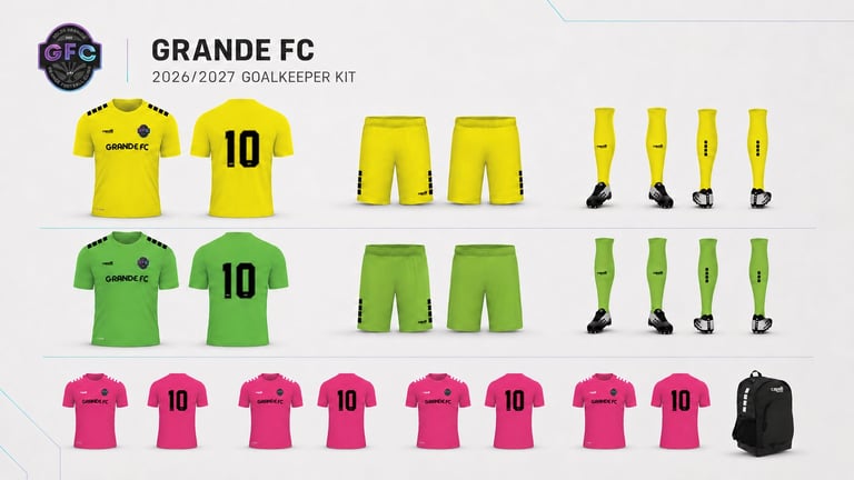 Grande FC 2026/2027 goalkeeper kit showing yellow, green, and pink jerseys, shorts, and socks with number 10