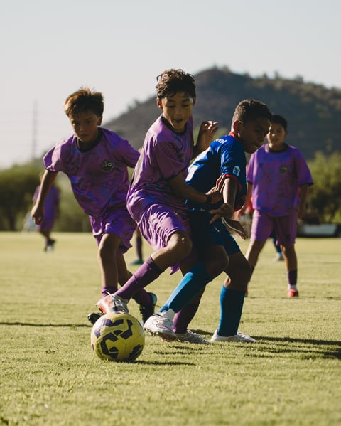 Young soccer players in purple and blue jerseys competing for the ball during a youth soccer match on a grass field