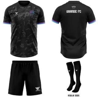 Grande FC soccer uniform set showing black camouflage jersey with purple trim, black shorts, and black socks
