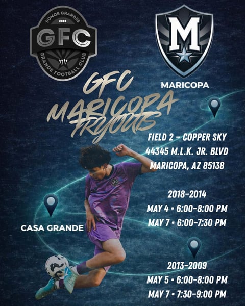 GFC Maricopa tryouts promotional flyer showing youth soccer player in purple jersey