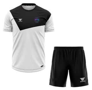 Black and white sports uniform set with colorful team logo on chest, including short-sleeve shirt and black shorts with logo emblem