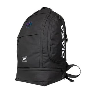 Black DJAZZ backpack with blue logo, featuring front pockets, padded straps, and compartmented design for storage