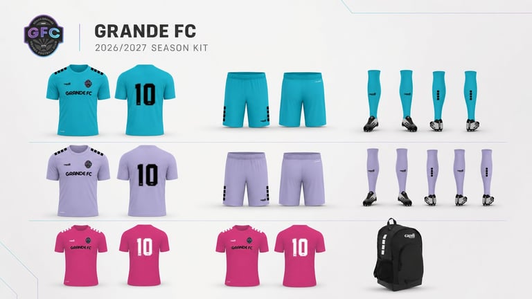 Grande FC 2026/2027 season kit displaying three jersey colors with matching shorts, socks, and a black backpack
