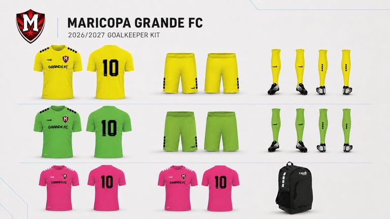 Maricopa Grande FC 2026/2027 soccer goalkeeper kit showing yellow, green, and pink uniform options with jerseys, shorts, and socks